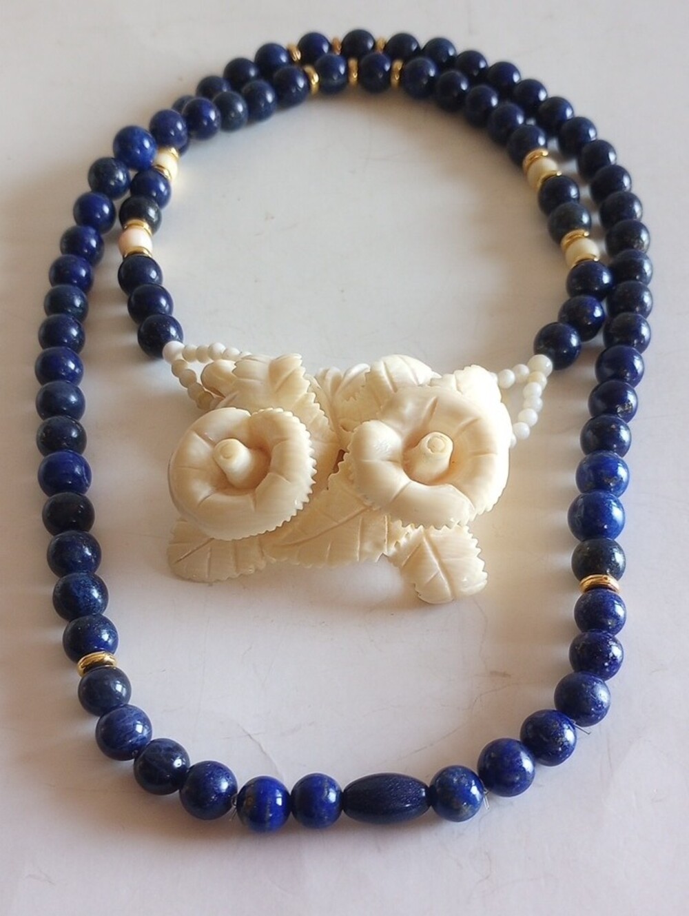 Hand-Carved Bovine Bone Hibiscus  Flower Pendant Blue Lapis Necklace 30" Long